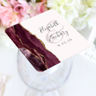 Dessous De Verre Carré Mariage Script Agate Géode Bordeaux Rose Gold