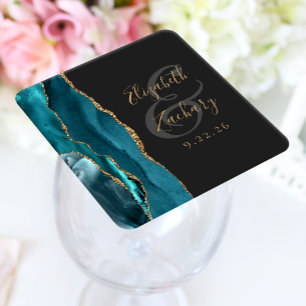 Dessous De Verre Carré Mariage Sombre Agate Géode Écriture Turquoise Or