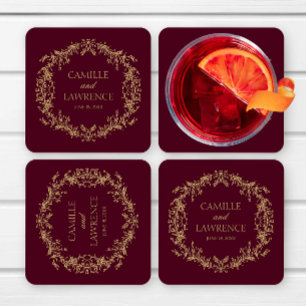 Dessous De Verre Carré Mariage toile florale bordeaux champagne cadre