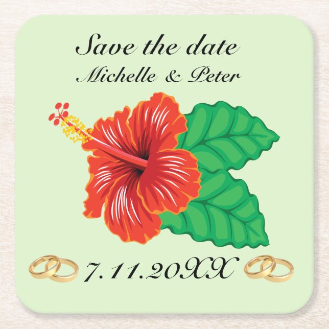 Dessous De Verre Carré Mariage tropical personnalisé "économies la date " (Devant)