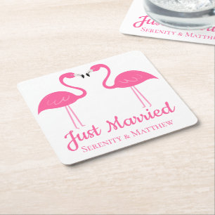 Dessous De Verre Carré Mariage Tropical Plage Flamants Roses Just Married