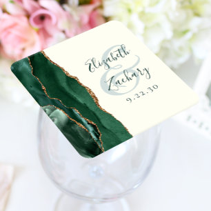 Dessous De Verre Carré Mariage Vert Émeraude Agate Ivoire Or Script