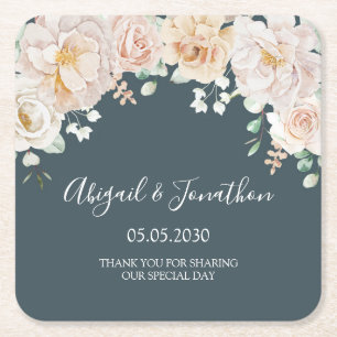 Dessous De Verre Carré Mariage Vintage Fleurs Bleu Nuit