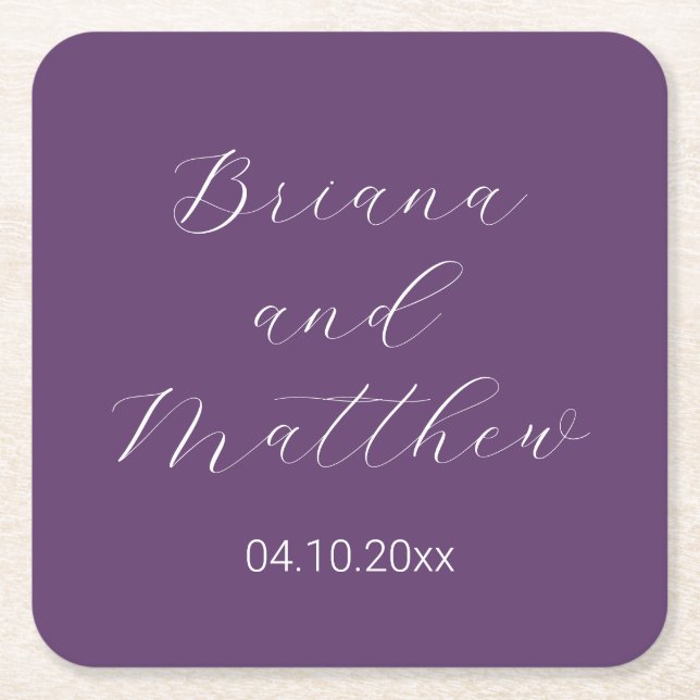 Dessous De Verre Carré Mariage violet de script minimaliste (Devant)