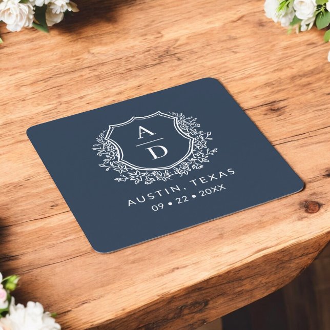 Dessous De Verre Carré Marine Bleu Floral Monogramme Mariage Crest Modern (Créateur téléchargé)