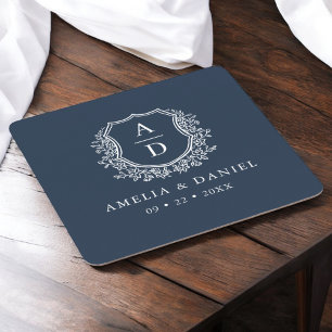 Dessous De Verre Carré Marine Bleu Monogramme Mariage Floral Crest Élégan
