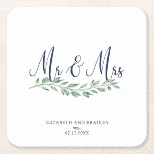 Dessous De Verre Carré Marine Blue Script MR et MRS Greenery Mariage