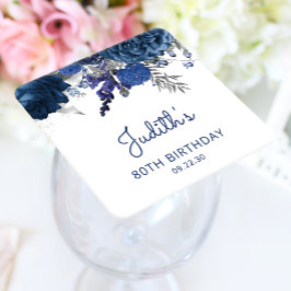 Dessous De Verre Carré Marine Blue Silver Floral 80e fête d'anniversaire