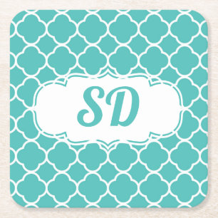 Dessous De Verre Carré Marocain Turquoise Quatrefoil Motif Monogramme