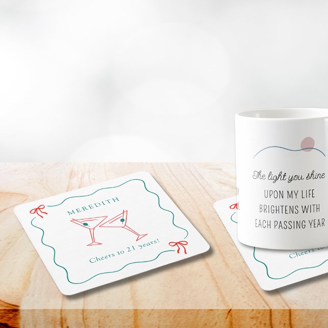 Dessous De Verre Carré Martini fête ses 21 ans (Martini Cheers to 21 Years Birthday Party Square Paper Coasters)