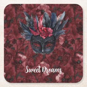 Dessous De Verre Carré Masque à plumes rouge burgundy noir pour enterreme