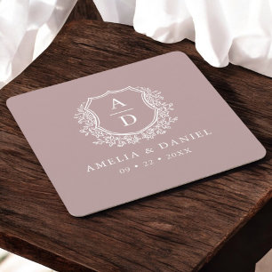 Dessous De Verre Carré Mauve Monogramme Mariage Floral Crest Élégant