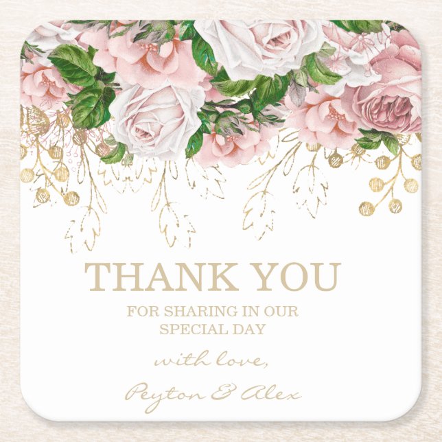 Dessous De Verre Carré Merci Réception Mariage Fleurs Roses Bleues (Devant)