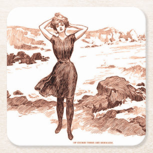 Dessous De Verre Carré Mermaid Beach Gibson Girl Victorian Antique