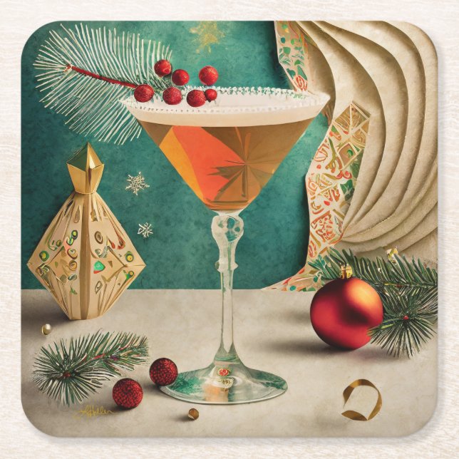 Dessous De Verre Carré Mi-Siècle Cocktail de Noël Fête Happy Hour (Devant)