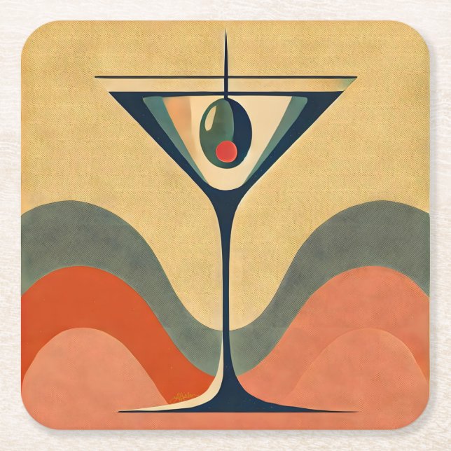 Dessous De Verre Carré Mi-siècle Moderne "vague de martini à l'olive pime (Devant)