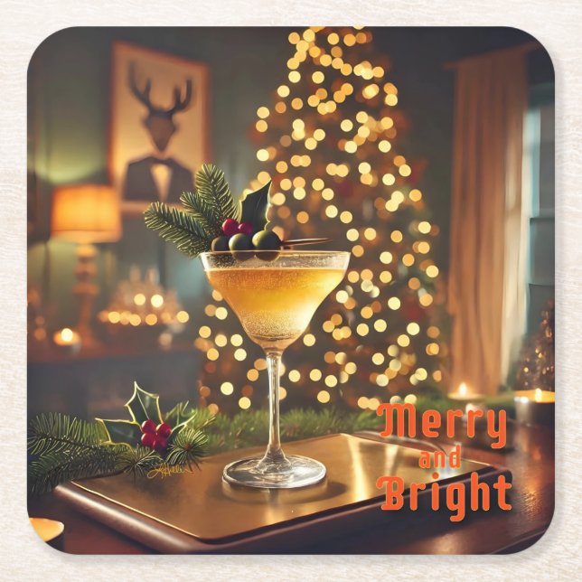 Dessous De Verre Carré Mi-Siècle Noël Joyeux & Cocktail lumineux (Devant)