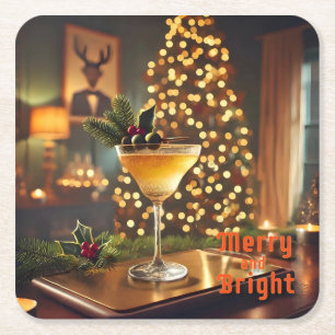 Dessous De Verre Carré Mi-Siècle Noël Joyeux & Cocktail lumineux