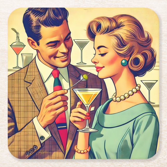 Dessous De Verre Carré Mid Century Cocktail Party Couples - Temptation (Devant)