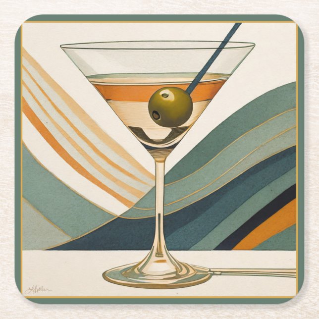 Dessous De Verre Carré Mid Century Modern Martini Cocktail Heure (Devant)