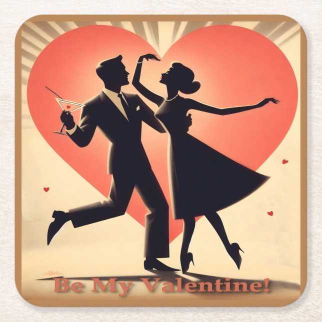 Dessous De Verre Carré Mid Century moderne Valentine Dancing Couple (Devant)
