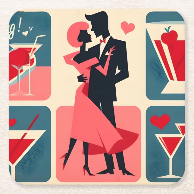 Dessous De Verre Carré Mid Century moderne Valentine Dancing Couple (Devant)