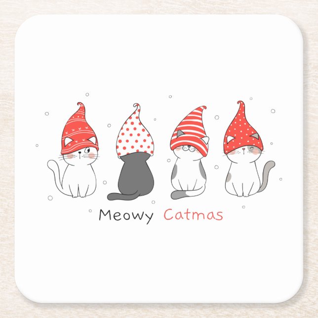 Dessous De Verre Carré mignon chat avec gnome casquette pour noël. (Devant)