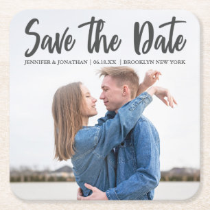 Dessous De Verre Carré Mini Gris Script Couple Photo Enregistrer la date