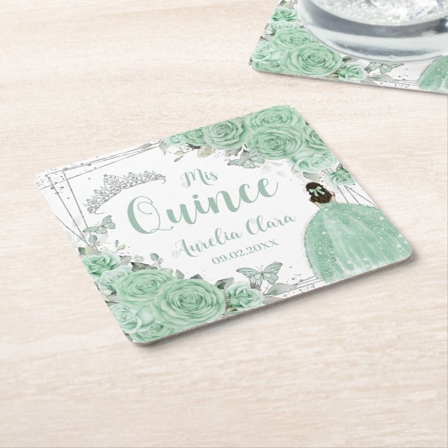Dessous De Verre Carré Mint Green Floral Princess Silver Quinceañera (Incliné)
