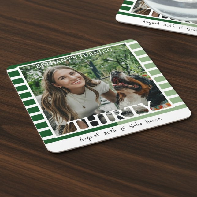 Dessous De Verre Carré Modern Minimalist Striped 30th Birthday Photo (Celebrate the beginning of a new decade with this Modern Minimalist Striped 30th Birthday Coaster!)