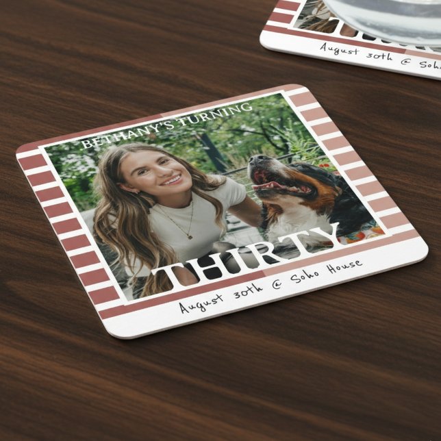 Dessous De Verre Carré Modern Minimalist Striped 30th Birthday Photo (Celebrate the beginning of a new decade with this Modern Minimalist Striped 30th Birthday Coaster!)