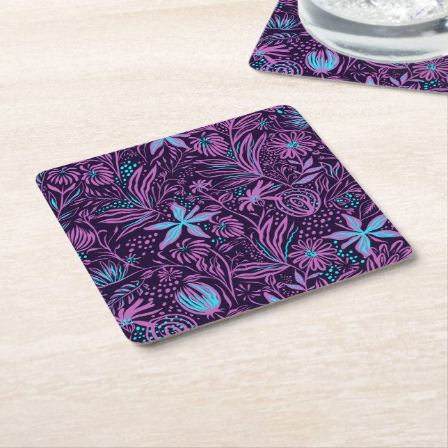 Dessous De Verre Carré Modern Neon Purple Floral Pattern (Incliné)
