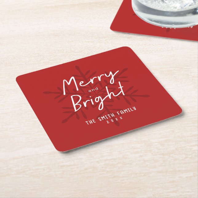 Dessous De Verre Carré Modern Script Merry & Bright Snowflakes Christmas (Incliné)