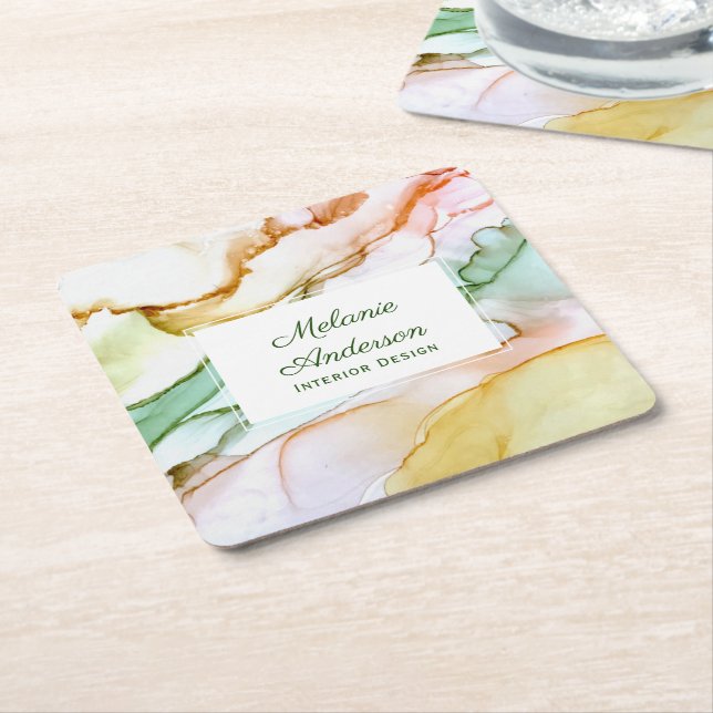 Dessous De Verre Carré Moderne rose clair vert pastel personnalisé (Incliné)