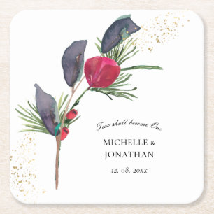 Dessous De Verre Carré Moderne Rouge vert hiver Floral Mariage chrétien