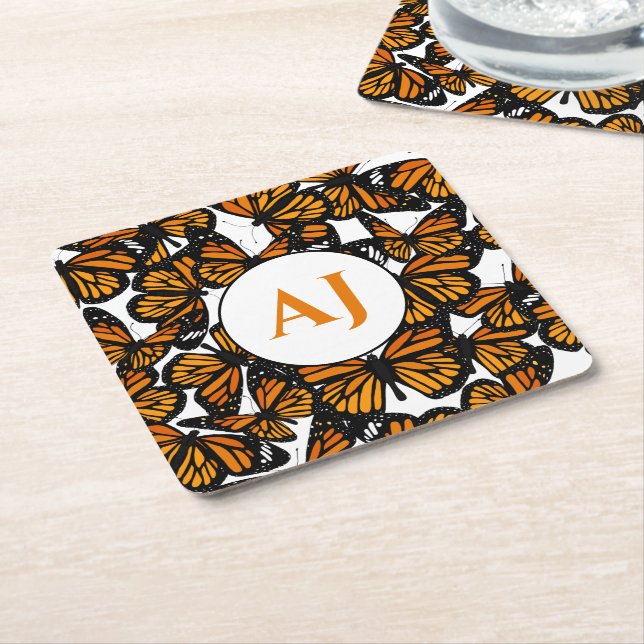 Dessous De Verre Carré Monarque orange Papillon tropical Monogramme (Incliné)