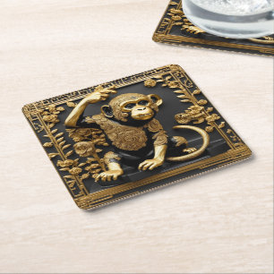 Dessous De Verre Carré Monkey or et cadre ornemental noir