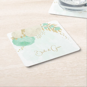 Dessous De Verre Carré Monnaie romantique vert & fleurs blanches or