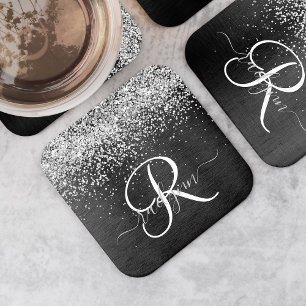 Dessous De Verre Carré Monogramme à étincelle noire à Parties scintillant