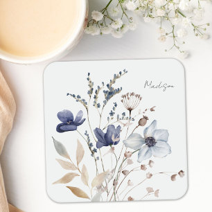 Dessous De Verre Carré Monogramme Chic Joli Aquarelle Bleu Floral