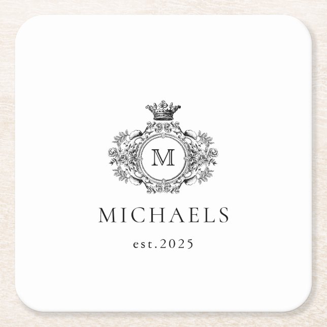 Dessous De Verre Carré Monogramme classique Crest noir et blanc (Devant)
