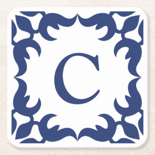 Dessous De Verre Carré Monogramme de cadre bleu et blanc