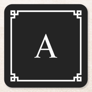 Dessous De Verre Carré Monogramme de clé grecque noire et blanche