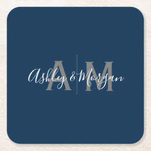 Dessous De Verre Carré Monogramme de couple gris et bleu moderne