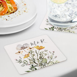 Dessous De Verre Carré Monogramme de couple personnalisé Fleur sauvage sé