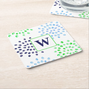 Dessous De Verre Carré Monogramme de fleurs bleu vert marine