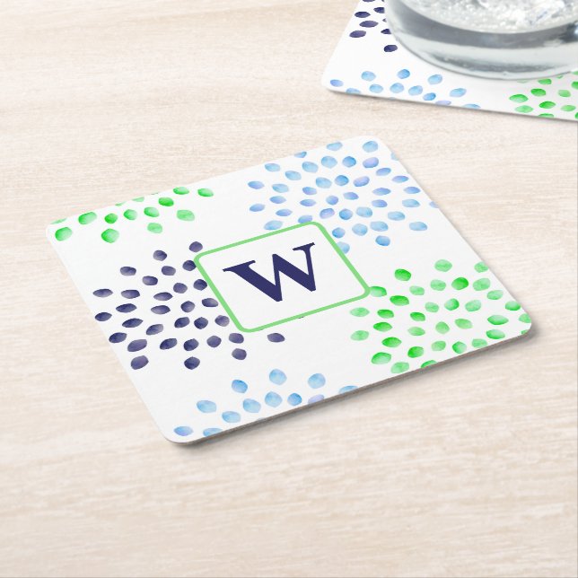 Dessous De Verre Carré Monogramme de fleurs bleu vert marine (Incliné)