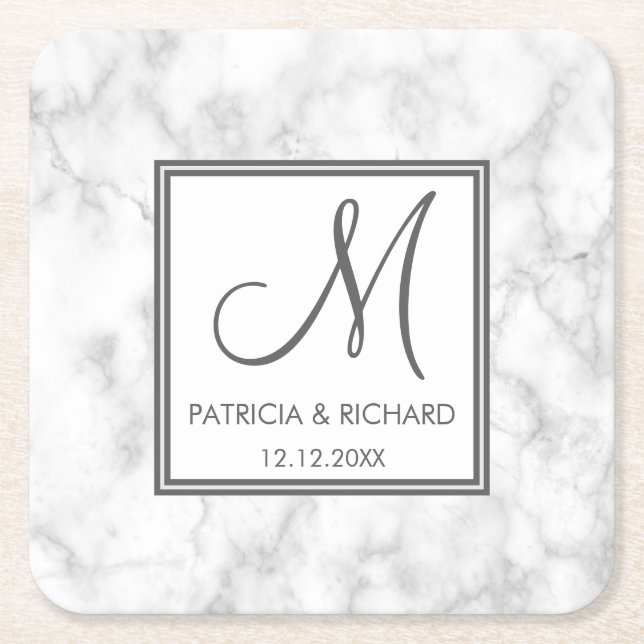 Dessous De Verre Carré Monogramme de marbre de mariage (Devant)
