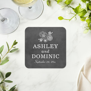 Dessous De Verre Carré Monogramme de mariage sur tableau noir vintage