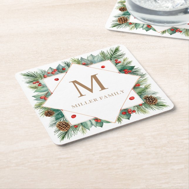 Dessous De Verre Carré Monogramme de vacances hiver classique (Incliné)